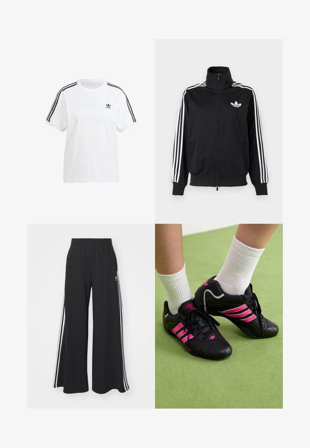 Melna rāvējslēdzēja jaka no gludas auduma ar baltām trīs joslu detaļām uz piedurknēm un mazu baltu logotipu uz krūtīm.; Balts kokvilnas T-kreklis ar īsām piedurknēm, apaļu kaklu un melnām vertikālām svītrām uz pleciem, ar mazu melnu logotipu uz krūšu.; Melnas plašas sporta bikses ar elastīgu jostasvietu, kurām ir baltas sānu svītras un izšūts logo kreisajā augšstilbā.; Melnas sporta kurpes ar trim rozā svītrām, ar teksturētu ādas virsmu, melnām auklām un logotipa detaļu, kopā ar baltām ribotām zeķēm uz zaļas virsmas.