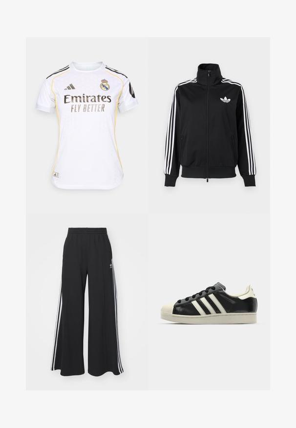 Black zip-up jacket made of smooth fabric, featuring white three-stripe accents on sleeves and a small white logo on the chest.; White football jersey with black and yellow accents, featuring a round neck, short sleeves, and the Real Madrid logo on the chest.; Black wide-leg sweatpants with an elastic waistband, featuring white side stripes and an embroidered logo on the left thigh.; Black leather sneaker with white stripes, rubber toe cap, black laces, and a cream-colored outsole. Smooth texture with shiny finish.