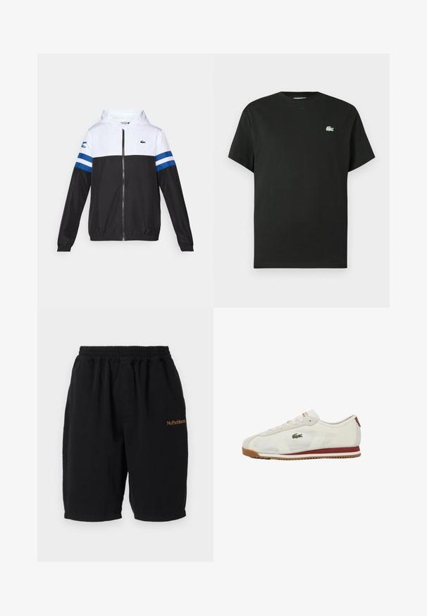 Hoodie mit einem weißen Oberteil, schwarzem Unterteil und blauen horizontalen Streifen an den Ärmeln. Aus einem leichten Stoff mit einem Reißverschluss.; Schwarzes Baumwoll-T-Shirt mit Rundhalsausschnitt, kurzen Ärmeln und einem grünen, gestickten Logo auf der linken Brust. Glatte Textur, lässige Passform.; Schwarze Baumwollshorts mit elastischem Bund, geradem Schnitt und seitlichen Taschen. Auf der Vorderseite befindet sich in Orange gestickt "No Problemo".; Weißer Sneaker aus Mesh mit rotem Akzentstreifen, rundem Zehenbereich, Schnürdesign und grün besticktem Logo an der Seite. Gummisohle.