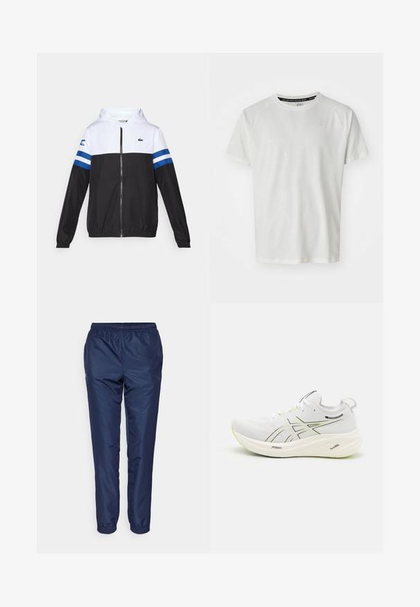 Veste à capuche avec une partie supérieure blanche, un bas noir et des rayures horizontales bleues sur les manches. Fabriquée en tissu léger avec une fermeture éclair.; ASICS GAME - T-shirt basique - cream; Pantalons de jogging bleu marine en tissu léger, dotés d'une taille élastique et de jambes effilées avec des poignets élastiques aux chevilles.; ASICS GEL-NIMBUS 26 - Chaussures de running sur route - white/birch