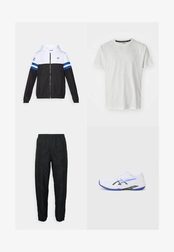 Hooded jacket with a white upper, black lower body, and blue horizontal stripes on sleeves. Made from a lightweight fabric with a zip closure.; ASICS GAME - Basic T-shirt - cream; Black athletic pants made of lightweight material with elastic waistband and cuffs, featuring a smooth texture and minimal branding detail.; White athletic shoe with blue accents, featuring a mesh upper, black overlays, and a textured sole for traction. Designed for performance and support.