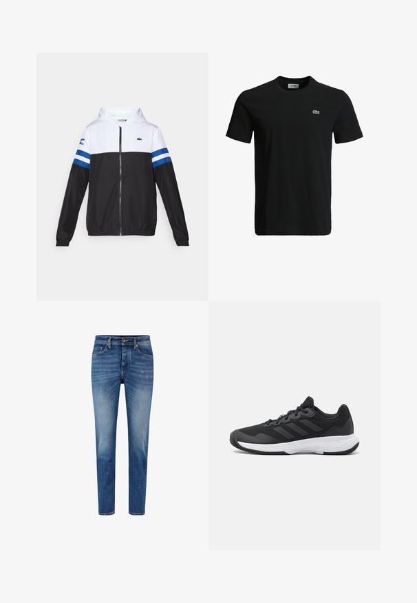 Huvjacka med vit överdel, svart underdel och blå horisontella ränder på ärmarna. Tillverkad i ett lätt material med dragkedja.; Svart bomull t-shirt med rundad halsringning, korta ärmar och en liten grön krokodil-logotyp på vänster bröst. Slät textur, avslappnad design.; Ljusblå denimjeans med slim fit, med en klassisk femficksdesign, knappstängning och subtila blekningar längs benen.; Svart idrottssko med en texturerad ovandel, tre horisontella ränder och en vit sula med ett mönstrat grepp. Lätt och strömlinjeformad design.