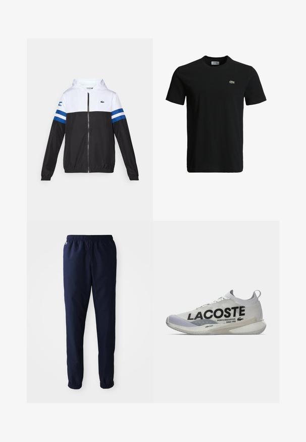Hettejakke med hvit overdel, svart nedre del og blå horisontale striper på ermene. Laget av et lett materiale med glidelås.; Svart bomulls T-skjorte med rund hals, korte ermer, og en liten grønn krokodille-logo på venstre bryst. Glatt tekstur, uformelt design.; Navyblå elastiske bukser med strikk i livet og samlede mansjetter, med en liten brodert logo nær venstre lomme.; Lacoste-sneakeren har et lett, hvitt mesh-overdel med svart branding, buet såle og LSRFOAM-demping. Detaljer i lysegrå.