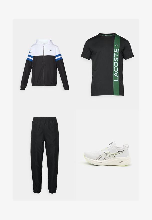 Veste à capuche avec une partie supérieure blanche, un bas noir et des rayures horizontales bleues sur les manches. Fabriquée en tissu léger avec une fermeture éclair.; T-shirt noir à manches courtes avec une bande verticale verte et "LACOSTE" imprimé en blanc, fabriqué en tissu lisse. Logo sur la poitrine gauche.; Pantalons de sport noirs en matériau léger avec une taille élastique et des poignets élastiques, présentant une texture lisse et un aspect de marque minimal.; ASICS GEL-NIMBUS 26 - Chaussures de running sur route - white/birch