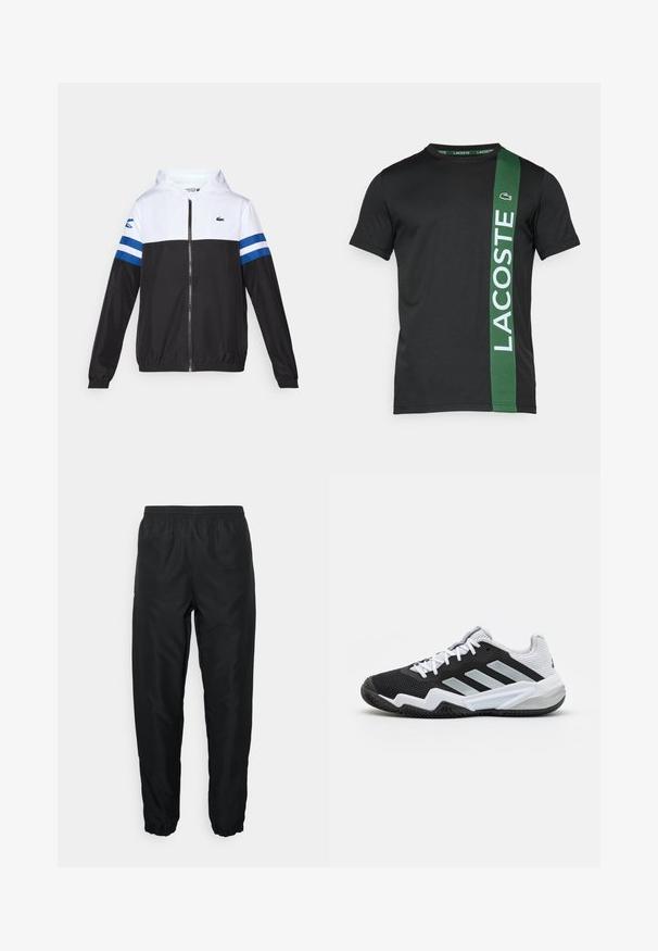Giacca con cappuccio, parte superiore bianca, parte inferiore nera e strisce orizzontali blu sulle maniche. Realizzata in un tessuto leggero con chiusura a zip.; T-shirt nera a maniche corte con una striscia verticale verde e la scritta "LACOSTE" stampata in bianco, realizzata in tessuto morbido. Logo sul lato sinistro del petto.; Pantaloni sportivi neri realizzati in materiale leggero, con vita elasticizzata e polsini, caratterizzati da una texture liscia e dettagli di branding minimi.; Scarpe da ginnastica in bianco e nero con una parte superiore in mesh texturizzato, suola in gomma e tre strisce argentate sui lati.