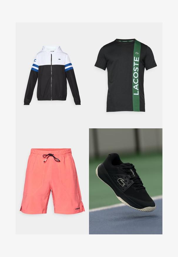 Chaqueta con capucha de color blanco en la parte superior, cuerpo inferior negro y rayas horizontales azules en las mangas. Fabricada con un tejido ligero y cierre de cremallera.; Camiseta negra de manga corta con una raya vertical verde y el texto "LACOSTE" impreso en blanco, fabricada con tejido suave. Logo en el lado izquierdo del pecho.; Bañador coral hecho de tejido ligero, con cinturilla elástica y cordón ajustable negro externo, que presenta aberturas laterales y detalle del logo.; Zapatilla atlética negra con un upper texturizado y acentos lisos, que presenta un logo blanco, diseño de cordones y suela de goma flexible.