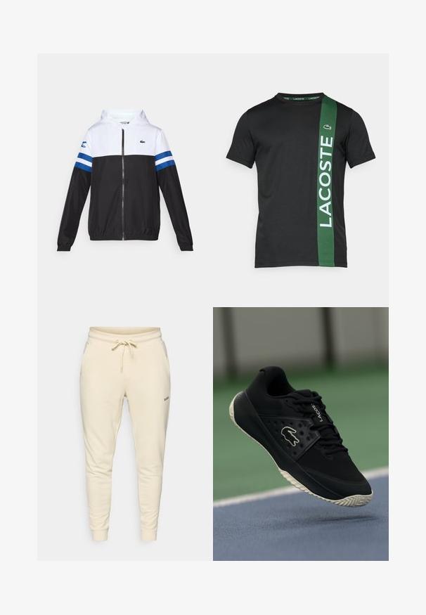 Hooded jack met een witte bovenkant, zwarte onderkant en blauwe horizontale strepen op de mouwen. Gemaakt van een lichtgewicht stof met een ritssluiting.; Zwarte t-shirt met korte mouwen, voorzien van een groene verticale streep met "LACOSTE" in het wit gedrukt, gemaakt van gladde stof. Logo op de linkerkant van de borst.; Crème-kleurige sweatpants van zachte stof, voorzien van een elastische tailleband met een trekkoord, zijzakken en geribbelde boorden.; Zwarte sportieve schoen met een gestructureerde bovenkant en gladde accenten, voorzien van een wit logo, vetersluiting en flexibele rubberen loopzool.