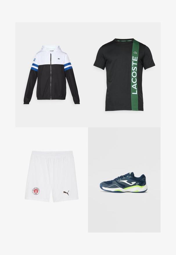 Hooded jack met een witte bovenkant, zwarte onderkant en blauwe horizontale strepen op de mouwen. Gemaakt van een lichtgewicht stof met een ritssluiting.; Zwarte t-shirt met korte mouwen, voorzien van een groene verticale streep met "LACOSTE" in het wit gedrukt, gemaakt van gladde stof. Logo op de linkerkant van de borst.; Witte sportbroekjes met een elastische tailleband, FC St. Pauli-logo in rood en grijs, en een bruine Puma-logo op de rechter onderkant.; Marine sportieve schoen met een bovenwerk van mesh, witte accenten, limoen groene details en een gestructureerde witte zool. Rond neuengedeelte en gevoerde kraag voor extra comfort.