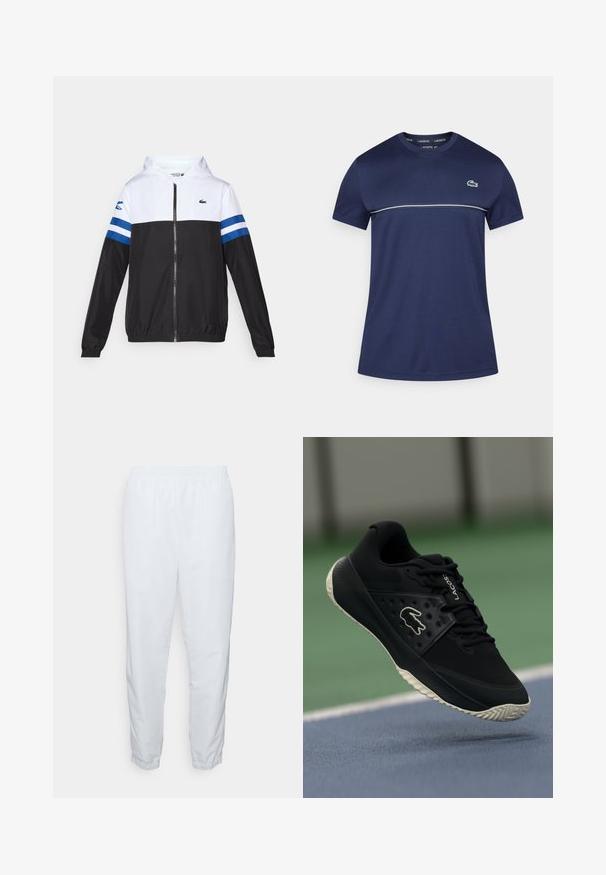 Hedvábná bunda s bílou horní částí, černou spodní částí a modrými vodorovnými pruhy na rukávech. Vyrobena z lehkého materiálu se zapínáním na zip.; Tmavě modré tričko s krátkým rukávem a kulatým výstřihem, zdobené bílým horizontálním pruhem a zeleným krokodýlím logem na levé straně hrudi.; Bílé, lehké kalhoty s elastickým pasem, tapered nohavicemi a elastickými manžetami. Hladký povrch, žádné viditelné vzory ani kovové detaily.; Černá atletická bota s texturovaným svrškem a hladkými akcenty, která má bílou značku, šněrovací design a flexibilní gumovou podrážku.
