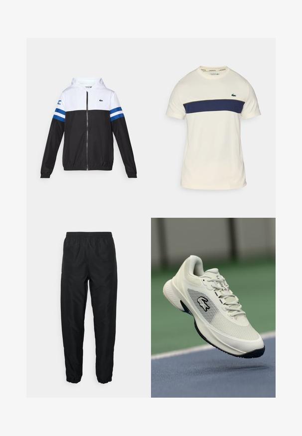 Hedvábná bunda s bílou horní částí, černou spodní částí a modrými vodorovnými pruhy na rukávech. Vyrobena z lehkého materiálu se zapínáním na zip.; Krémové a navy modré tričko Lacoste s kulatým výstřihem, krátkými rukávy a horizontálním barevným blokem. Obsahuje zelené logo krokodýla.; Černé sportovní kalhoty vyrobené z lehkého materiálu s elastickým pasem a manžetami, s hladkým povrchem a minimálním brandingem.; Bílé sportovní tenisky s síťovinovým svrškem, černými akcenty, strukturovanou podrážkou a výrazným logem na boku, vystavené na pozadí hřiště.