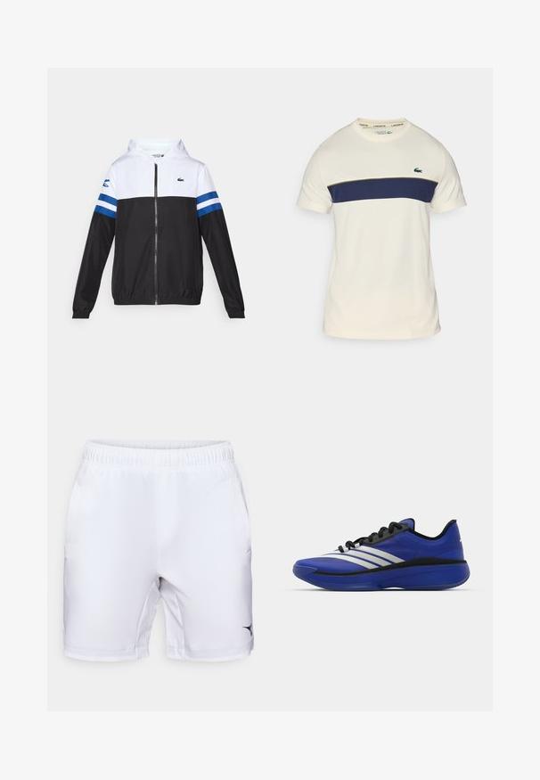 Kapucnis dzseki fehér felsőrésszel, fekete alsótesttel és kék vízszintes csíkokkal az ujjakon. Könnyű anyagból készült, cipzáras záródással.; Krém és tengerészkék Lacoste póló kerek nyakkal, rövid ujjakkal és vízszintes színsávval. Zöld krokodil logóval rendelkezik.; Fehér sportnadrág rugalmas derékrésszel, oldalsó zsebekkel és fekete logóval a jobb alsó részen. Simább, könnyű anyag.; adidas Performance ADIZERO SELECT 3.0 - Kosárlabdacipők - lucid blue/core black/metallic