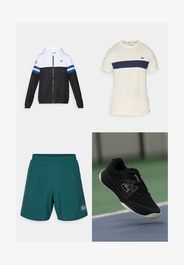 Hedvábná bunda s bílou horní částí, černou spodní částí a modrými vodorovnými pruhy na rukávech. Vyrobena z lehkého materiálu se zapínáním na zip.; Krémové a navy modré tričko Lacoste s kulatým výstřihem, krátkými rukávy a horizontálním barevným blokem. Obsahuje zelené logo krokodýla.; Tyrkysové sportovní šortky s elastickým pasem, s malým bílým logem na dolním pravém rohu. Hladká, lehká látka, délka ke kolenům.; Černá atletická bota s texturovaným svrškem a hladkými akcenty, která má bílou značku, šněrovací design a flexibilní gumovou podrážku.
