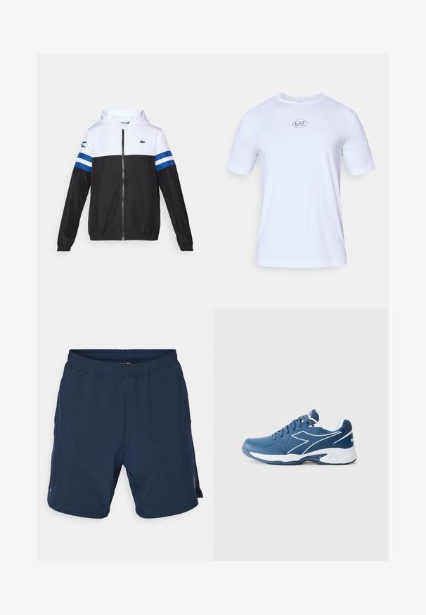 Hettejakke med hvit overdel, svart nedre del og blå horisontale striper på ermene. Laget av et lett materiale med glidelås.; Hvit kortermet treningsskjorte laget av lett, pustende mesh-stoff. Har rund hals og en sirkulær EA7-logo på brystet.; Marineblå treningsshorts laget av lett stoff. Har en elastisk midje og en liten logo på den nedre venstre siden.; Diadora VOLEE - Allcourt tennissko - einsign blue/white