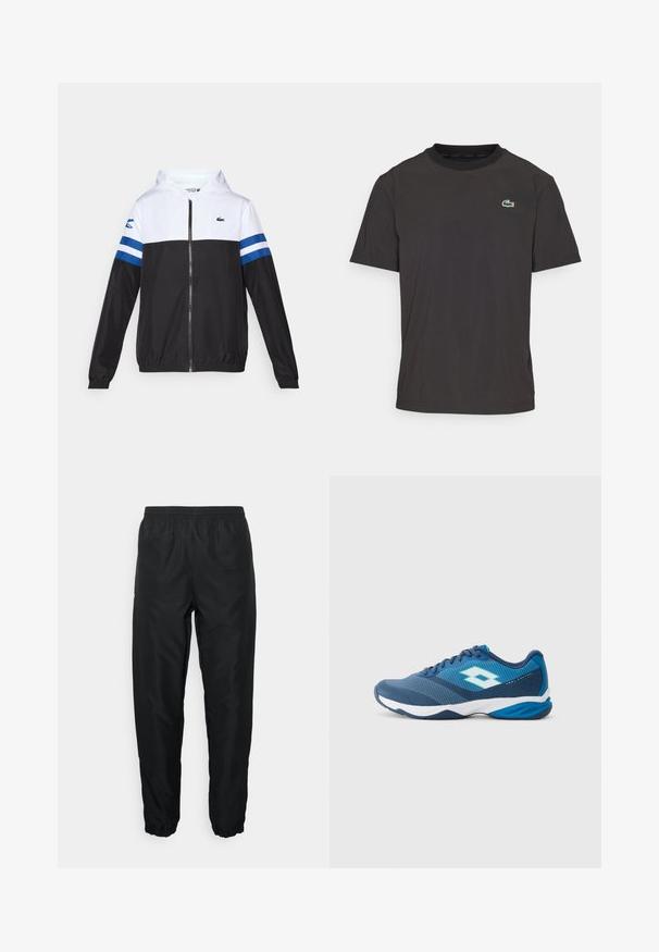 Φούτερ με κουκούλα σε λευκό επάνω μέρος, μαύρο κάτω μέρος και μπλε οριζόντιες ρίγες στα μανίκια. Κατασκευασμένο από ελαφρύ ύφασμα με φερμουάρ.; Μαύρο κοντομάνικο T-shirt από μαλακό ύφασμα με στρογγυλή λαιμόκοψη και μικρό πράσινο λογότυπο κροκόδειλου στην αριστερή πλευρά του στήθους.; Μαύροι αθλητικοί παντελόνες φτιαγμένες από ελαφρύ υλικό, με ελαστική μέση και μανσέτες, διαθέτοντας λεία υφή και ελάχιστο λογότυπο.; Μπλε και ναυτικό αθλητικό παπούτσι με λευκή σόλα και λογότυπο, πλέγμα πάνω μέρος, κορδόνια και μαξιλάρια στη φτέρνα με την ένδειξη "Έλεγχος Φτέρνας" σε λευκό φόντο.