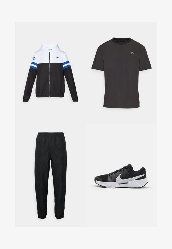 Hettejakke med hvit overdel, svart nedre del og blå horisontale striper på ermene. Laget av et lett materiale med glidelås.; Svart t-skjorte med korte ermer laget av mykt stoff, med rund hals og en liten grønn krokodille-logo på venstre bryst.; Svart treningbukser laget av lett materiale med elastisk midje og mansjetter, med en glatt tekstur og minimal merkevarepreg.; Svart og hvite sportsko med teksturert overdel, forsterket hæl og fremtredende swoosh-logo. Flat såle med mønstret grep.
