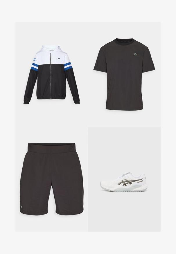 Hedvábná bunda s bílou horní částí, černou spodní částí a modrými vodorovnými pruhy na rukávech. Vyrobena z lehkého materiálu se zapínáním na zip.; Černé krátké tričko s krátkým rukávem vyrobené z měkkého materiálu, s kulatým výstřihem a malým zeleným logem krokodýla na levé straně hrudníku.; Černé šortky vyrobené z lehkého materiálu s hladkým povrchem, s elastickým pasem a malým barevným logem na dolním levém rohu.; Bílé sportovní boty s perforovaným síťovaným svrchním materiálem, šedými akcenty, logem na boku a designem měkké podrážky. Obsahují šněrování.