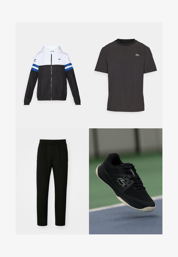 Hettejakke med hvit overdel, svart nedre del og blå horisontale striper på ermene. Laget av et lett materiale med glidelås.; Svart t-skjorte med korte ermer laget av mykt stoff, med rund hals og en liten grønn krokodille-logo på venstre bryst.; Svarte joggebukser laget av myk, elastisk stoff. Har en tettsittende fasong, elastisk midje og sidelommer. Enkelt, minimalistisk design.; Svart idrettssko med strukturert overdel og glatte detaljer, med en hvit logo, snøring, og fleksibel gummisåle.