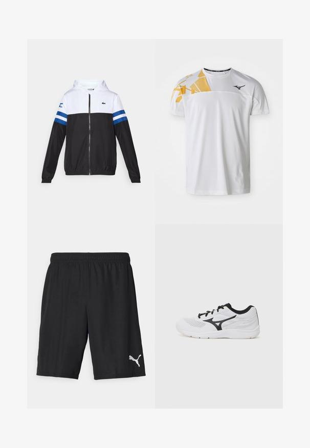 Φούτερ με κουκούλα σε λευκό επάνω μέρος, μαύρο κάτω μέρος και μπλε οριζόντιες ρίγες στα μανίκια. Κατασκευασμένο από ελαφρύ ύφασμα με φερμουάρ.; Λευκό αθλητικό μπλουζάκι με γεωμετρικό κίτρινο σχέδιο στον έναν ώμο, λεία υφή, στρογγυλή λαιμόκοψη και λογότυπο σε σκούρο γκρι χρώμα.; Μαύρο αθλητικό σορτσάκι φτιαγμένο από λείο, ελαφρύ ύφασμα με ελαστική μέση. Διαθέτει ένα μικρό ασημί λογότυπο Puma στην κάτω αριστερή πλευρά.; Λευκό αθλητικό παπούτσι με μαύρες λεπτομέρειες, διάτρητο ύφασμα, σχέδιο με κορδόνια, στρογγυλή μύτη και υφή στη σόλα. Διαθέτει λογότυπο στο πλάι.