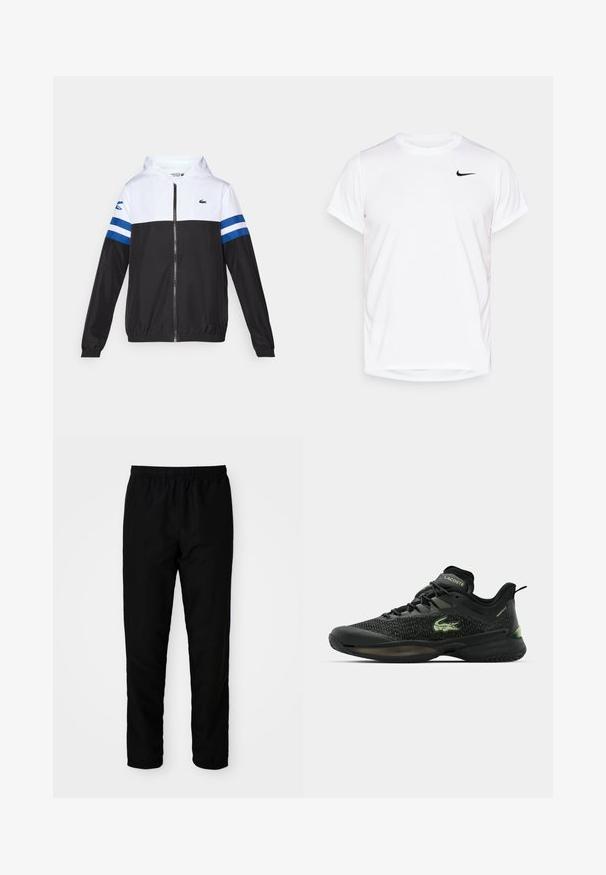 Hettejakke med hvit overdel, svart nedre del og blå horisontale striper på ermene. Laget av et lett materiale med glidelås.; Hvit T-skjorte med kort erm fra Nike laget av glatt syntetisk materiale, med en svart logo på venstre side av brystet.; Svarte elastiske bukser med strikk i livet og rett passform, laget av glatt stoff, med elastiske mansjetter ved anklene og uten synlige lommer.; Svart idrettssko med teksturert mesh-overdel, grønn logo og gummisåle. Har snøring og polstret hæl for støtte.