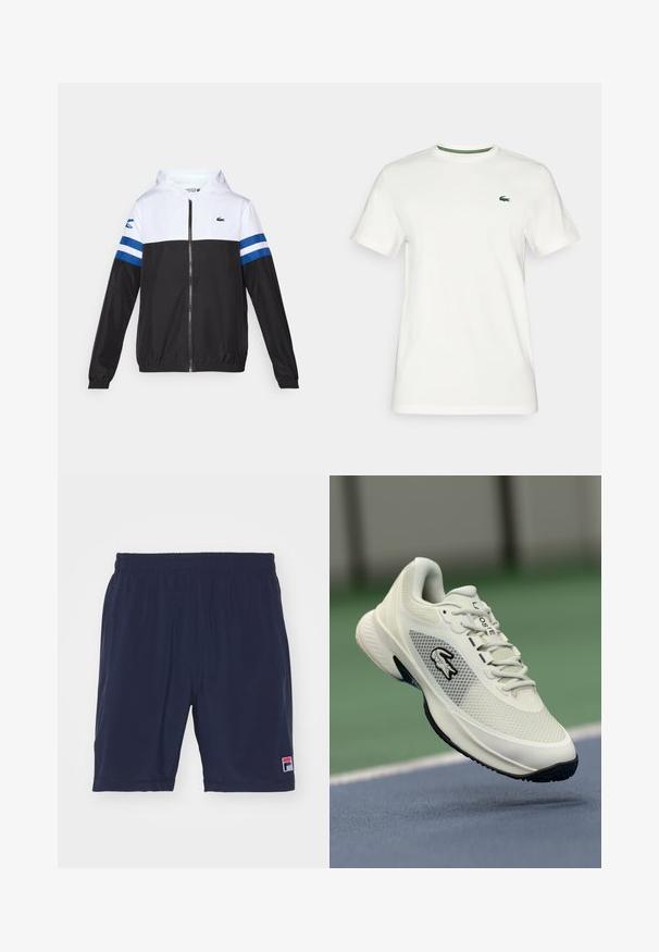 Chaqueta con capucha de color blanco en la parte superior, cuerpo inferior negro y rayas horizontales azules en las mangas. Fabricada con un tejido ligero y cierre de cremallera.; Camiseta de algodón blanca de manga corta, con un acento verde en el cuello y un pequeño logo verde en el lado izquierdo del pecho.; Fila SHORTS FILIP - Pantalón corto de deporte - navy; Zapatilla deportiva blanca con parte superior de malla, acentos negros, suela texturizada y un logotipo prominente en el lateral, exhibida con un fondo de cancha.