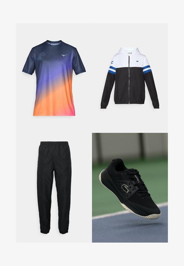 Huppari, jossa on valkoinen yläosa, musta alaosa ja siniset vaakasuorat raidat hihoissa. Valmistettu kevyestä kankaasta, jossa on vetoketjukiinnitys.; Lyhythihainen urheilu-paita, jossa on laaja-asteinen väritys tummansinisestä, purppurasta, oranssista ja vaaleanpunaisesta. Paidassa on hienovarainen kukkakuosi ja logo rinnassa. Sileä kangas.; Mustat urheiluhousut, jotka on valmistettu kevyestä materiaalista, elastisella vyötärö- ja lahkeensuusuunilla, joissa on sileä pinta ja vähäinen brändäys.; Musta urheilukenkä, jossa on teksturoitu päällinen ja sileät yksityiskohdat, valkoisella logolla, nauhakiinnitys ja joustava kumipohja.