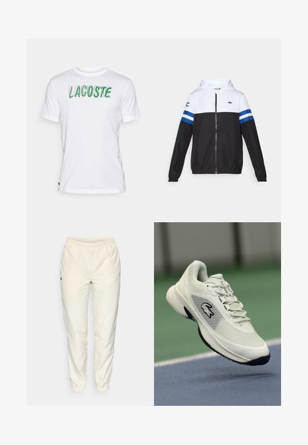 Hettejakke med hvit overdel, svart nedre del og blå horisontale striper på ermene. Laget av et lett materiale med glidelås.; Hvit bomull T-skjorte med "LACOSTE" trykt i grønt over fronten. Korte ermer, rund hals, og liten logo nederst til venstre.; Kremfargede treningsbukser med elastisk liv, smale ben og en liten mørk grønn logo på venstre side. Glatt, lett stoff.; Hvite sportssko med mesh-overdel, svarte detaljer, teksturert såle og fremtredende logo på siden, plassert mot en bakgrunn av en bane.
