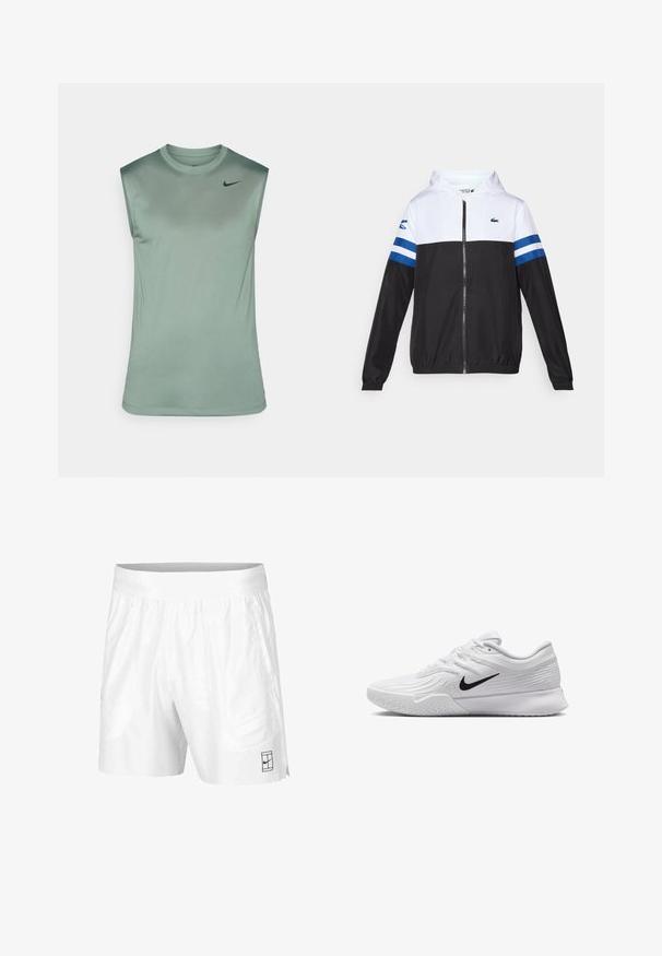 Hoodie mit einem weißen Oberteil, schwarzem Unterteil und blauen horizontalen Streifen an den Ärmeln. Aus einem leichten Stoff mit einem Reißverschluss.; Ärmelloses Sportshirt aus weichem grünen Stoff mit glatter Textur. Hat einen runden Ausschnitt und ein kleines schwarzes Nike-Logo auf der Brust.; Weiße Sportshorts aus leichtem Gewebe mit einem elastischen Bund, ausgestattet mit zwei Seitentaschen und einem kleinen schwarzen Logo am Saum.; Weißer Sportschuh mit strukturiertem Mesh-Obermaterial, schwarzem Nike-Swoosh, gepolstertem Kragen und Gummisohle mit einem Profilmuster.