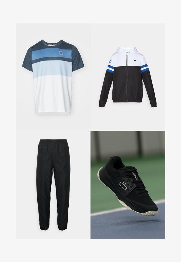 Casaco com capuz, com parte superior branca, parte inferior preta e riscas horizontais azuis nas mangas. Feito de um tecido leve com fecho de correr.; Camiseta de desporto de mangas curtas em azul escuro, azul claro e branco. Apresenta riscas horizontais e um pequeno logo no peito. Feita de material respirável.; Calças desportivas pretas feitas de material leve com cintura e punhos elásticos, apresentando uma textura suave e um detalhe de marcação mínima.; Sapatilha atlética preta com superior texturizado e detalhes lisos, apresentando um logo branco, design de atacadores e sola de borracha flexível.