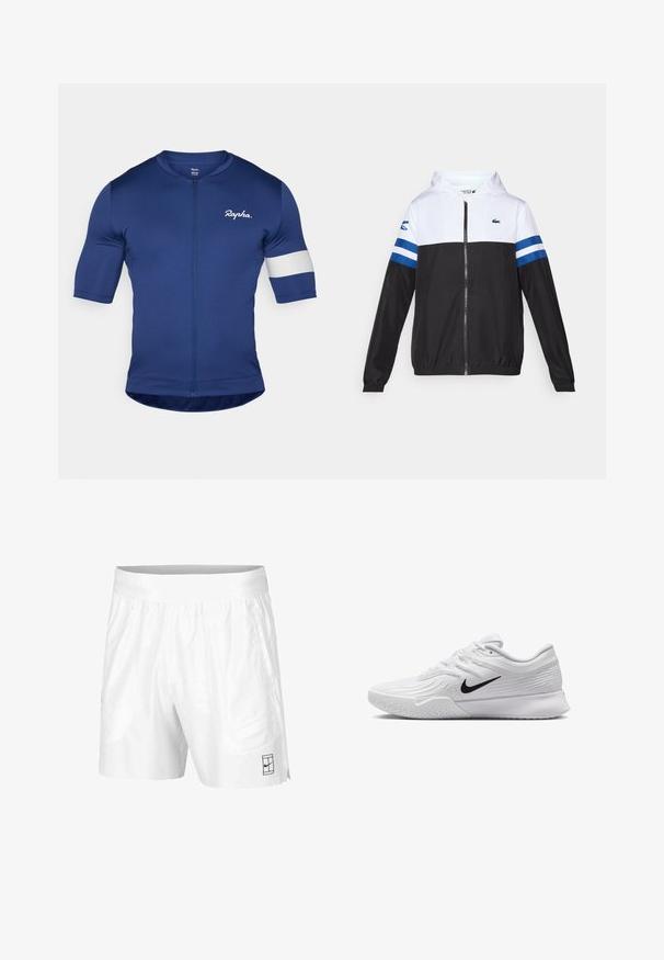 Veste à capuche avec une partie supérieure blanche, un bas noir et des rayures horizontales bleues sur les manches. Fabriquée en tissu léger avec une fermeture éclair.; Maillot de cyclisme bleu marine à manches courtes, avec zip intégral et un détail en stripe blanc sur la manche gauche. Fabriqué en tissu lisse et extensible.; Shorts de sport blancs en tissu léger avec une taille élastique, dotés de deux poches latérales et d'un petit logo noir au bas.; Baskets blanches avec tige en maille texturée, swoosh noir de Nike, col rembourré et semelle en caoutchouc avec un motif de crampons.