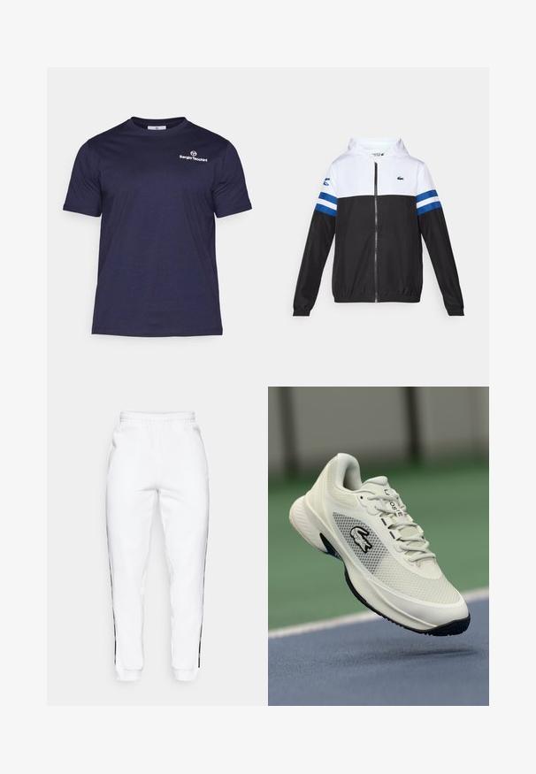 Kapuutšiga jakk, mille ülemine osa on valge, alumine keha must ja varrukatel sinised horisontaalsed triibud. Valmistatud kergest kangast ja varustatud tõmblukuga.; Sergio Tacchini BOLD - Lihtne T-särk - navy/white; Valged dressipüksid elastse vöökoha ja mustade külgtriipudega. Valmistatud pehmest kangast, millel on sile tekstuur.; Valge sportlik toss, millel onvõrgusüvene, mustad detailid, tekstureeritud sise-, ja silmapaistev logo küljel, esitatud mänguväljakute taustal.