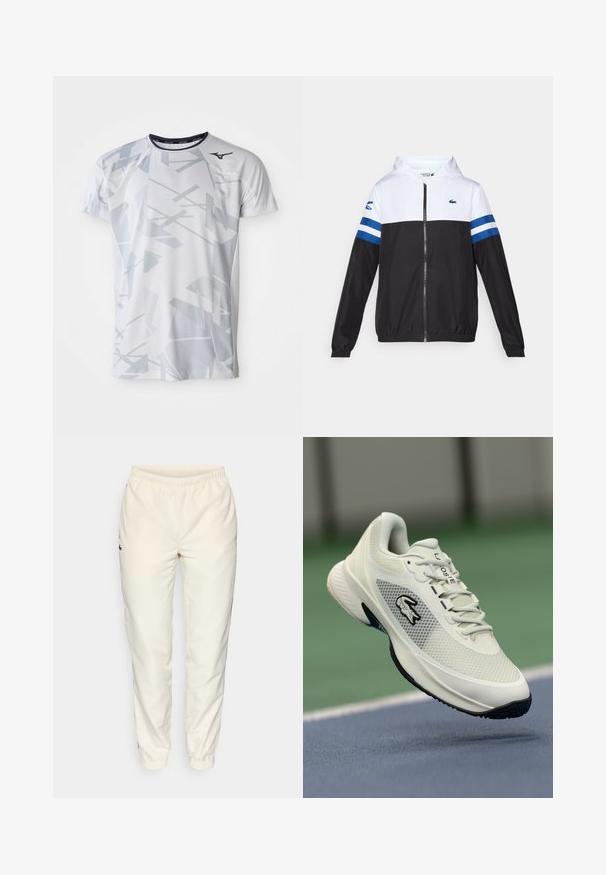 Hooded jacket with a white upper, black lower body, and blue horizontal stripes on sleeves. Made from a lightweight fabric with a zip closure.; White athletic t-shirt with a geometric grey pattern, short sleeves, crew neck, and Mizuno logo on the upper left. Made from breathable material.; Cream-colored athletic pants with an elastic waistband, tapered legs, and a small dark green logo on the left side. Smooth, lightweight fabric.; White athletic sneaker with a mesh upper, black accents, textured sole, and prominent logo on the side, displayed against a court background.