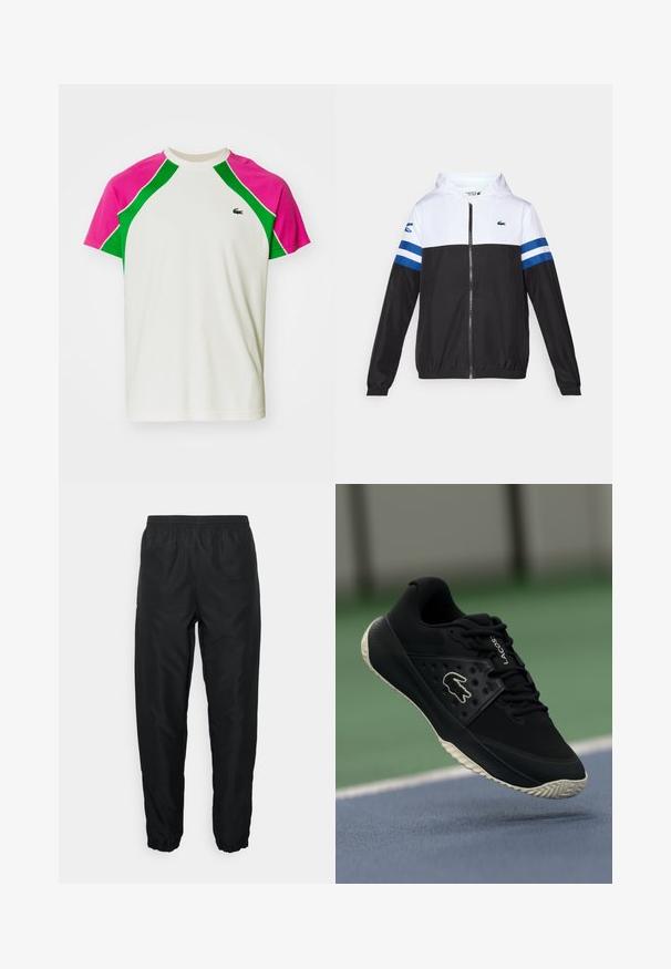 Φούτερ με κουκούλα σε λευκό επάνω μέρος, μαύρο κάτω μέρος και μπλε οριζόντιες ρίγες στα μανίκια. Κατασκευασμένο από ελαφρύ ύφασμα με φερμουάρ.; Μπλούζα κοντομάνικη σε λευκό χρώμα, με ροζ και πράσινα διακοσμητικά πάνελ. Κατασκευασμένη από αναπνεύσιμο ύφασμα με στρογγυλή λαιμόκοψη και λεπτομέρεια λογότυπου.; Μαύροι αθλητικοί παντελόνες φτιαγμένες από ελαφρύ υλικό, με ελαστική μέση και μανσέτες, διαθέτοντας λεία υφή και ελάχιστο λογότυπο.; Μαύρο αθλητικό παπούτσι με υφή στην άνω πλευρά και λεία λεπτομέρεια, που διαθέτει λευκό λογότυπο, σχέδιο με κορδόνια και ευέλικτη καουτσούκ σόλα.