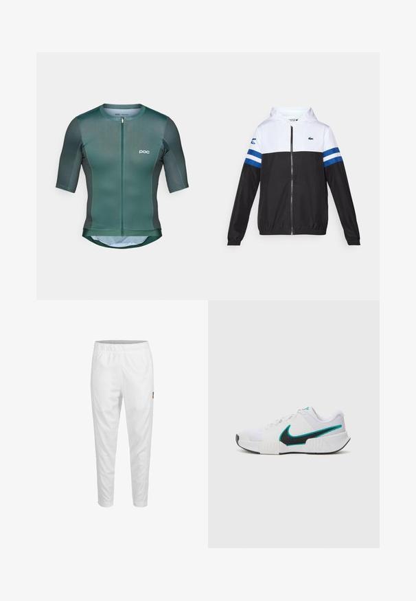 Hættejakke med en hvid overdel, sort underkrop og blå vandrette striber på ærmerne. Lavet af letvægtsstof med lynlås-lukning.; Kortærmet cykeltrøje i mørkegrøn stof med en glat tekstur, har en frontlynlås og hvidt logo på brystet.; Hvide sportsbukser med elastisk talje, tætsiddende ben og et lille logodetalje på siden. Glat og let stof.; Hvid sportsko med tekstureret mesh-overdel, sort gummisål og teal Nike swoosh-accent. Har snørebånd og polstret krave.