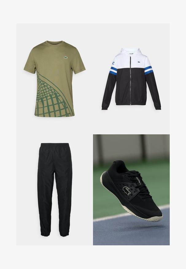 Casaco com capuz, com parte superior branca, parte inferior preta e riscas horizontais azuis nas mangas. Feito de um tecido leve com fecho de correr.; T-shirt verde oliva feito de tecido suave, apresentando um padrão geométrico verde de um lado e um pequeno logótipo da Lacoste no peito.; Calças desportivas pretas feitas de material leve com cintura e punhos elásticos, apresentando uma textura suave e um detalhe de marcação mínima.; Sapatilha atlética preta com superior texturizado e detalhes lisos, apresentando um logo branco, design de atacadores e sola de borracha flexível.