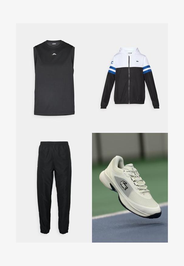 Hettejakke med hvit overdel, svart nedre del og blå horisontale striper på ermene. Laget av et lett materiale med glidelås.; Ermeløs svart trenings-topp laget av glatt stoff. Har rund hals og en liten hvit logo på brystet.; Svart treningbukser laget av lett materiale med elastisk midje og mansjetter, med en glatt tekstur og minimal merkevarepreg.; Hvite sportssko med mesh-overdel, svarte detaljer, teksturert såle og fremtredende logo på siden, plassert mot en bakgrunn av en bane.
