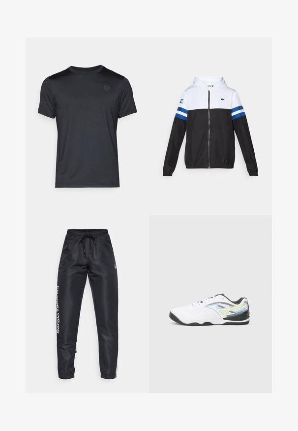 Hooded jaka ar baltu augšdaļu, melnu apakšējo daļu un zilām horizontālām svītrām uz piedurknēm. Izgatavota no viegla materiāla ar rāvējslēdzēju.; Melnas īsām piedurknēm T-kreklas ar apaļu kaklu, izgatavots no gludas auduma, ar diskrētu logotipu uz krūškurvja un tīrām šuvēm.; Melni sporta bikses ar aukliņu jostā, ar baltu zīmolu uz sāniem un kontrastējošiem krāsu paneļiem apakšmalā.; Baltā sporta apavi ar teksturētu augšdaļu, kas izceļas ar zilo un zaļo akcentu, ar mīkstinošu apkakli un melnu gumijas zoli ar profilu.