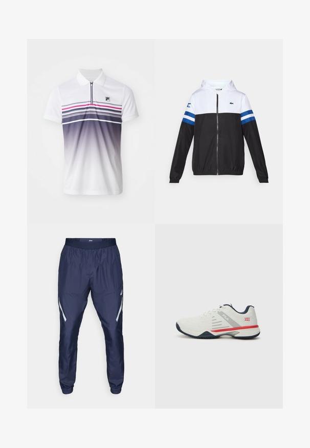 Veste à capuche avec une partie supérieure blanche, un bas noir et des rayures horizontales bleues sur les manches. Fabriquée en tissu léger avec une fermeture éclair.; Polo shirt blanc à manches courtes, avec une fermeture éclair sur le devant, des rayures horizontales en violet, rose et gris, et un petit logo noir sur la poitrine.; ASICS LITE-SHOW PANT - Pantalons outdoor - midnight; Baskets blanches avec des accents gris et rouges, dessus en mesh texturé, semelle flexible et design distinctif sur le panneau latéral. Fermeture à lacets.