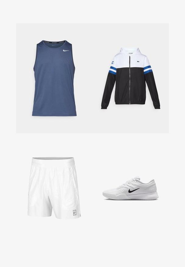 Hooded jacket with a white upper, black lower body, and blue horizontal stripes on sleeves. Made from a lightweight fabric with a zip closure.; Blue athletic tank top with a round neck, made from moisture-wicking fabric. Features a small white Nike logo on the chest.; White athletic shorts made of lightweight fabric with an elastic waistband, featuring two side pockets and a small black logo on the hem.; White athletic shoe with textured mesh upper, black Nike swoosh, padded collar, and rubber outsole with a tread pattern.