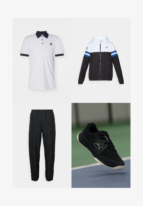 Casaco com capuz, com parte superior branca, parte inferior preta e riscas horizontais azuis nas mangas. Feito de um tecido leve com fecho de correr.; Fila MARC - Polo - white; Calças desportivas pretas feitas de material leve com cintura e punhos elásticos, apresentando uma textura suave e um detalhe de marcação mínima.; Sapatilha atlética preta com superior texturizado e detalhes lisos, apresentando um logo branco, design de atacadores e sola de borracha flexível.
