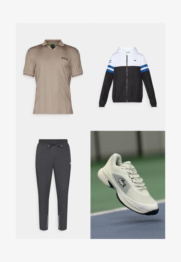 Kapišoninė striukė su balta viršutine dalimi, juoda apatine dalimi ir mėlynomis horizontaliomis juostelėmis ant rankovių. Pagaminta iš lengvos medžiagos su užtrauktuko uždarymu.; BOSS PALLE - Polo marškinėliai - light/pastel green; Juodos siaurėjančios sportinės kelnės su raišteliu juosmens srityje, šoninėmis kišenėmis su užtrauktukais ir baltais akcentais prie kulkšnies. Pagamintos iš glotnios, elastingos medžiagos.; Balti sportiniai batai su tinkliniais viršutiniais, juodais akcentais, tekstūruotu padu ir išryškintu logotipu šone, eksponuojami prieš teismo foną.