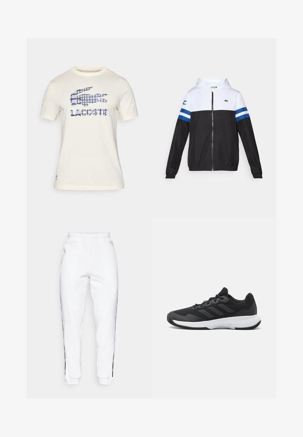 Hettejakke med hvit overdel, svart nedre del og blå horisontale striper på ermene. Laget av et lett materiale med glidelås.; Kremfarget bomulls T-skjorte med korte ermer og rund hals. Har et blått og svart geometrisk logo-design med tekst nedenfor.; Hvite joggebukser med elastisk midje, med svarte sidestriper og mansjetter. Laget av myk stoff med en glatt tekstur.; Svart idrettssko med teksturert overdel, tre horisontale striper, og en hvit såle med mønstret gummibunn. Lettvekts og strømlinjeformet design.