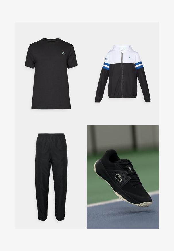 Hettejakke med hvit overdel, svart nedre del og blå horisontale striper på ermene. Laget av et lett materiale med glidelås.; Svart bomull T-skjorte med rund hals. Har en liten grønn krokodille-logo på venstre bryst. Korte ermer og standard passform.; Svart treningbukser laget av lett materiale med elastisk midje og mansjetter, med en glatt tekstur og minimal merkevarepreg.; Svart idrettssko med strukturert overdel og glatte detaljer, med en hvit logo, snøring, og fleksibel gummisåle.