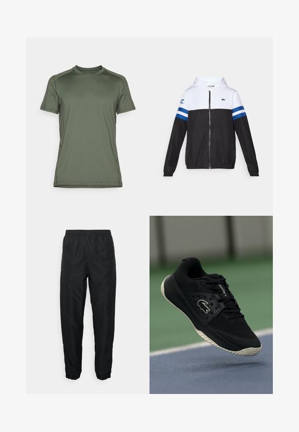 Giacca con cappuccio, parte superiore bianca, parte inferiore nera e strisce orizzontali blu sulle maniche. Realizzata in un tessuto leggero con chiusura a zip.; Maglietta sportiva a maniche corte di colore verde olivo, realizzata in tessuto leggero e liscio; presenta un collo rotondo e una lavorazione delle cuciture minimale.; Pantaloni sportivi neri realizzati in materiale leggero, con vita elasticizzata e polsini, caratterizzati da una texture liscia e dettagli di branding minimi.; Scarpe atletiche nere con upper testurizzato e accenti lisci, dotate di un logo bianco, design con lacci e suola in gomma flessibile.