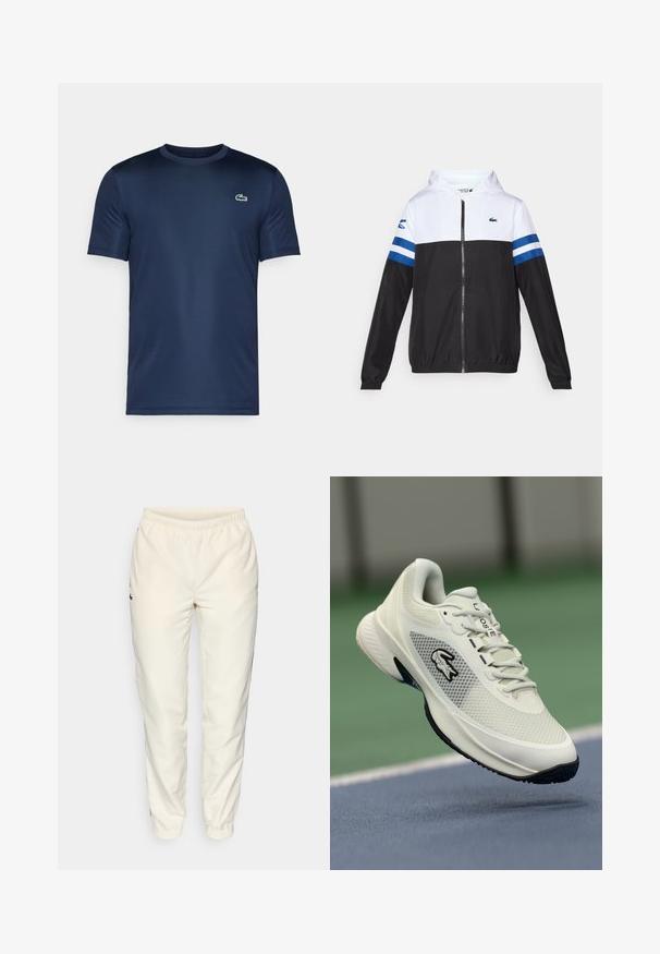 Hettejakke med hvit overdel, svart nedre del og blå horisontale striper på ermene. Laget av et lett materiale med glidelås.; Mørkblå t-skjorte med kort erm laget av glatt stoff, med en liten brodert grønn krokodille-logo på venstre bryst.; Kremfargede treningsbukser med elastisk liv, smale ben og en liten mørk grønn logo på venstre side. Glatt, lett stoff.; Hvite sportssko med mesh-overdel, svarte detaljer, teksturert såle og fremtredende logo på siden, plassert mot en bakgrunn av en bane.