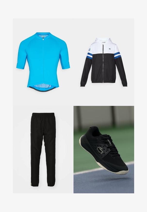 Hættejakke med en hvid overdel, sort underkrop og blå vandrette striber på ærmerne. Lavet af letvægtsstof med lynlås-lukning.; Blå cykeltrøje med korte raglanærmer, glat tekstur, fuld frontlynlås og en let forlænget bagkant for beskyttelse.; Sorte træningsbukser med elastisk talje, tapered ben og en lille logo-detalje på siden. Glat overflade og let materiale.; Sort atletiske sko med en struktureret overdel og glatte elementer, der har et hvidt logo, snørebåndsdesign og fleksibel gummisål.