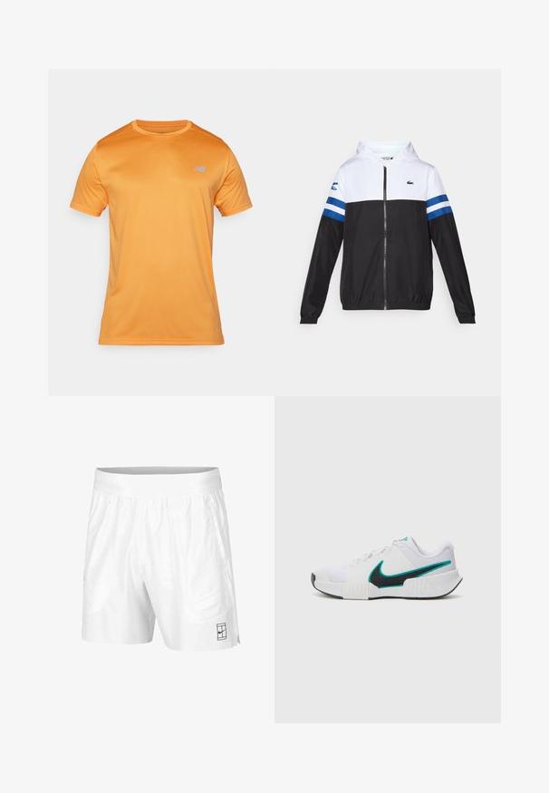 Kapišoninė striukė su balta viršutine dalimi, juoda apatine dalimi ir mėlynomis horizontaliomis juostelėmis ant rankovių. Pagaminta iš lengvos medžiagos su užtrauktuko uždarymu.; New Balance Sportiniai marškinėliai trumpomis rankovėmis - sizzle; Balti sportiniai šortai, pagaminti iš lengvos medžiagos, su elastinga juosta, su dviem šoninėmis kišenėmis ir mažu juodu logotipu ant apatinio krašto.; Balti sportiniai batai su tekstūruotu tinkliniu paviršiumi, juodu guminėmis padais ir mėlyna Nike ženklu. Yra raiščiai ir paminkštinta apykaklė.