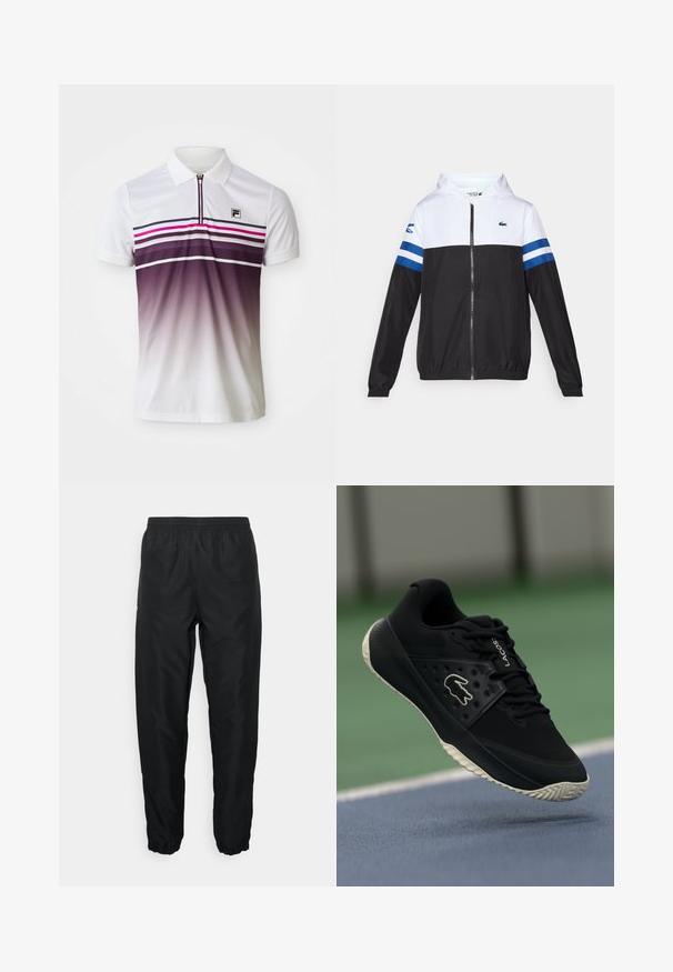 Φούτερ με κουκούλα σε λευκό επάνω μέρος, μαύρο κάτω μέρος και μπλε οριζόντιες ρίγες στα μανίκια. Κατασκευασμένο από ελαφρύ ύφασμα με φερμουάρ.; Λευκό πουκάμισο πόλο με φερμουάρ στον γιακά, οριζόντιες ρίγες σε μαύρο, ροζ και μωβ, και βαθμιαία κλίση από μωβ σε λευκό στο κάτω μέρος.; Μαύροι αθλητικοί παντελόνες φτιαγμένες από ελαφρύ υλικό, με ελαστική μέση και μανσέτες, διαθέτοντας λεία υφή και ελάχιστο λογότυπο.; Μαύρο αθλητικό παπούτσι με υφή στην άνω πλευρά και λεία λεπτομέρεια, που διαθέτει λευκό λογότυπο, σχέδιο με κορδόνια και ευέλικτη καουτσούκ σόλα.