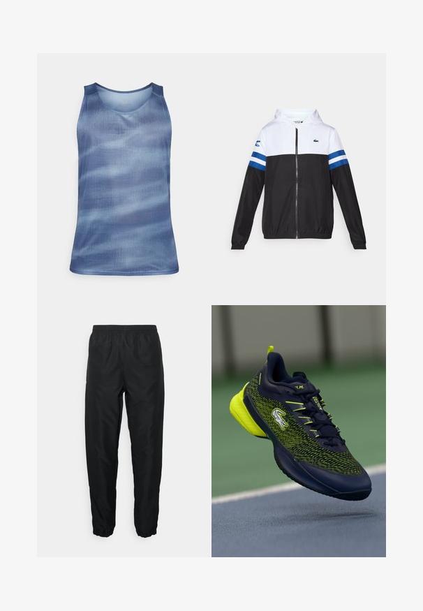 Hoodie mit einem weißen Oberteil, schwarzem Unterteil und blauen horizontalen Streifen an den Ärmeln. Aus einem leichten Stoff mit einem Reißverschluss.; Mizuno GRAPHIC TANK - Top - citadel; Schwarze Sporthose aus leichtem Material mit elastischem Bund und Bündchen, die eine glatte Textur und minimale Markenkennzeichnung aufweist.; Dunkelblaue und neongrüne Sportschuhe mit Schnürsenkeln, Krokodil-Logo und gepolsteter Sohle, die über einer Tennisplatzoberfläche schwebt.