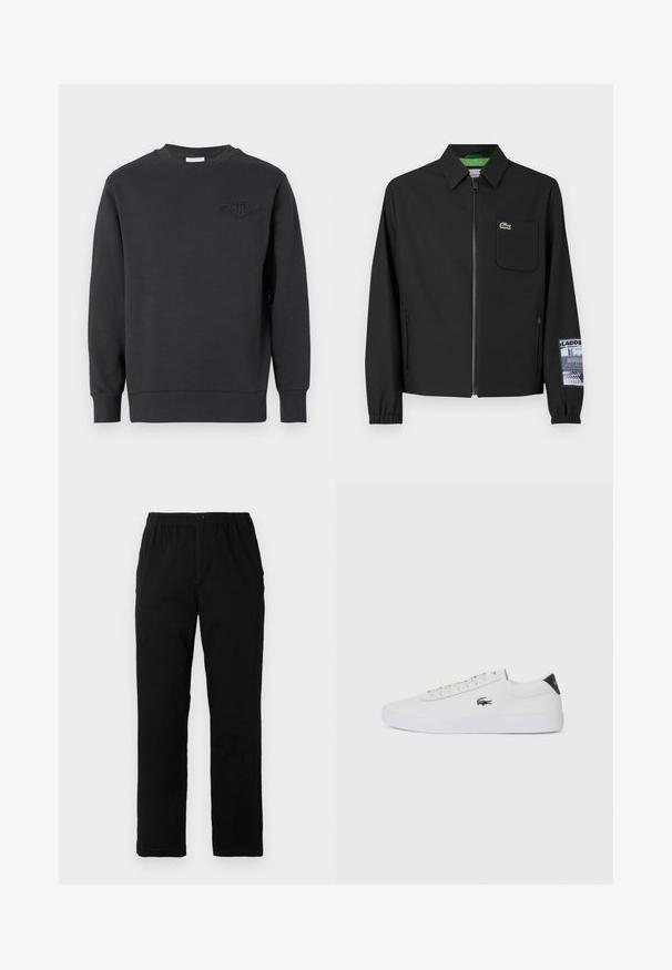 Must must, millelise vooderiga must jope, ees lukk, vasakul rinna tasku ja mustriline varrukate detail.; Mustast puuvillast dressipluus, mis on varustatud ümmarguse kaelusega, soonikust mansettide ja äärega ning reljeefse logoga rinnal. Sile tekstuur.; Mustad mustreid, puuvillast segakanga valmistatud mustad püksid, mis on sirge lõikega, elastse vöökoht ja nööp, ilma nähtavate mustrite või aktsentideta.; Valge nahast tenniseking ümara ninaga, lukkude ja musta kontsa aktsendiga. Külgedel on väike broderi krokodilli logo.