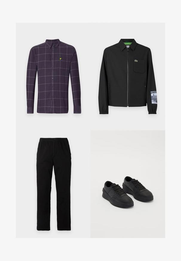 Must must, millelise vooderiga must jope, ees lukk, vasakul rinna tasku ja mustriline varrukate detail.; T tumeta, pikkade varrukatega, tume lilla nööpidega särk, millel on valgest ja hallist koosnev ruuduline muster. Rinnataskul on väike roheline embleem.; Mustad mustreid, puuvillast segakanga valmistatud mustad püksid, mis on sirge lõikega, elastse vöökoht ja nööp, ilma nähtavate mustrite või aktsentideta.; Mustad nahast mustad sneekerid, millel on pehme tald. Omadusteks on lapikud paelad, perforatsioonid varvaste piirkonnas ja voolujooneline siluett.